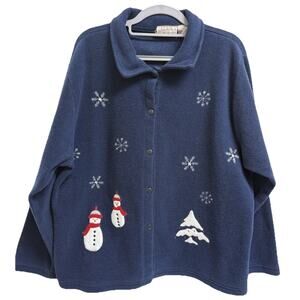 Nick & Sarah Christmas Fleece Cardigan Sweater‎ Womens Plus 2X Navy Snowmen